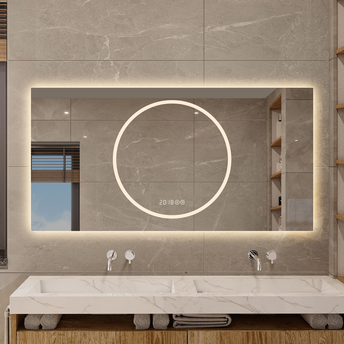 LED vanity mirror antique silver with anti-fog dimmable lights above marble vanity on Tampa Home & Garden Store