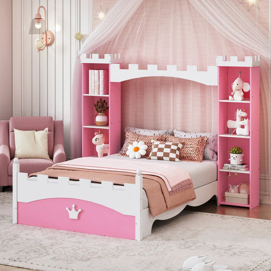 Castle-shaped wooden bed with pink and white storage shelves, kids' bedroom centerpiece on Tampa Home & Garden Store