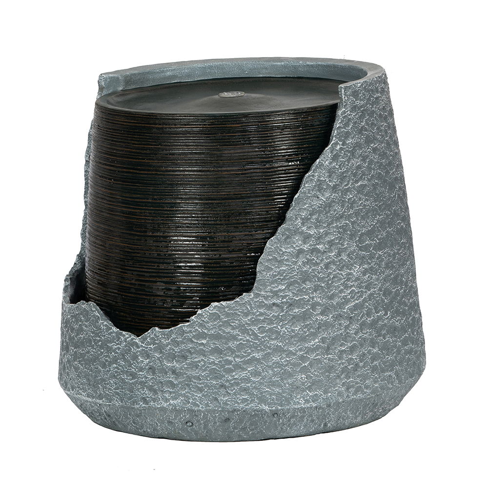 Broken urn fountain with gray rock-textured exterior and dark ribbed inner reservoir on Tampa Home & Garden Store