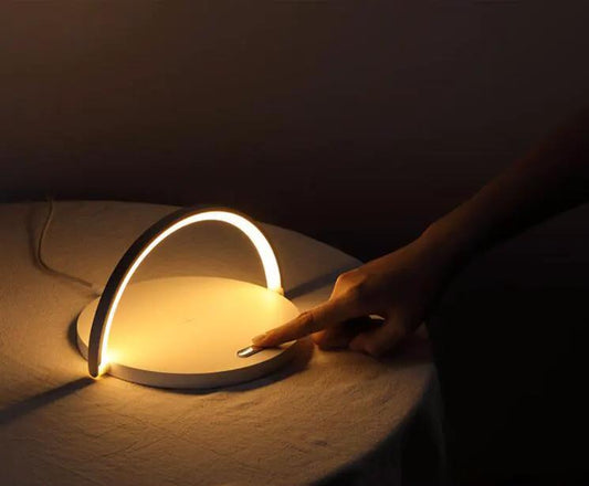 Wooden Qi wireless charger lamp desk stand with glowing arc LED light and touch control on Tampa Home & Garden Store