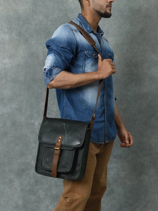 Daily Companion Leather Messenger Bag crossbody with dark leather body and tan strap on Tampa Home & Garden Store
