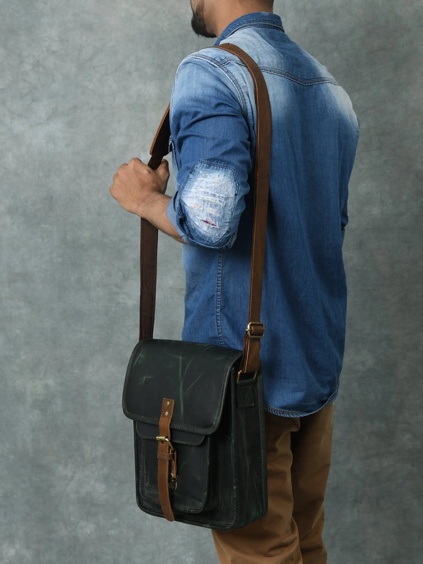Daily Companion Leather Messenger Bag crossbody in black leather with brown strap on Tampa Home & Garden Store