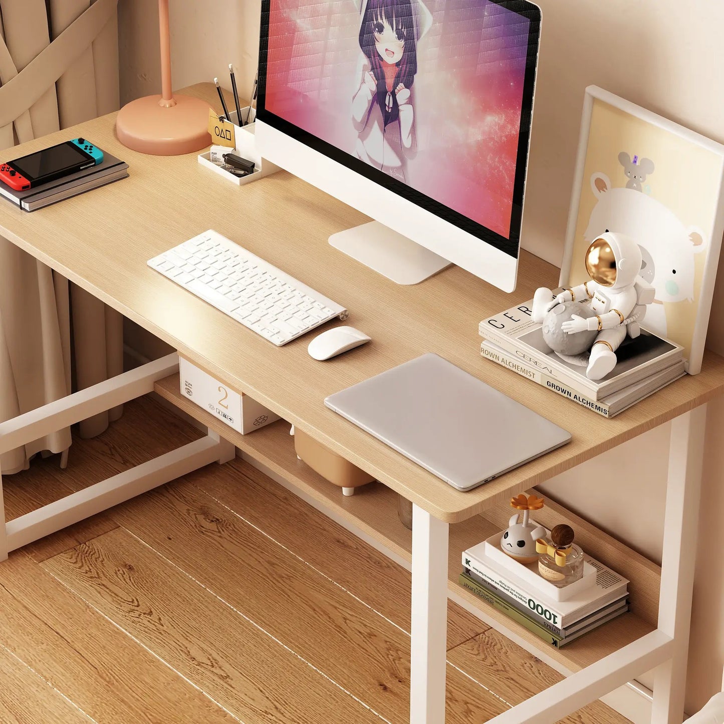 Oak computer desk with storage shelves and white frame, pink lamp nearby on Tampa Home & Garden Store