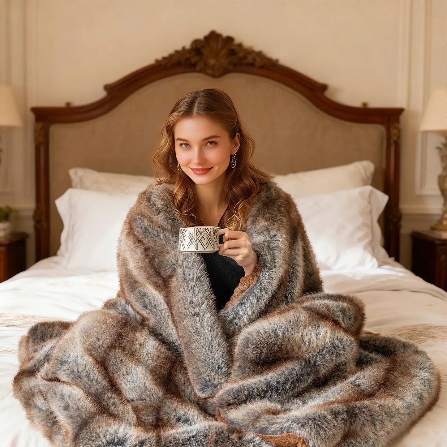 780GSM Soft Plush Faux Fox Fur Blanket DirectDeals in brown/gray worn by a woman on a bed on Tampa Home & Garden Store