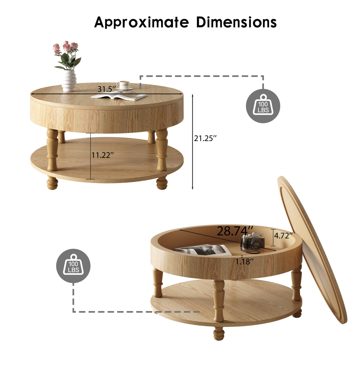 Round coffee table with dual storage, natural wood, two tiers, vase of pink roses on Tampa Home & Garden Store