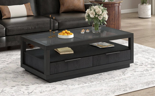 U-Can Modern Wood Coffee Table with 2 Drawers and Glass Top in dark espresso finish on Tampa Home & Garden Store