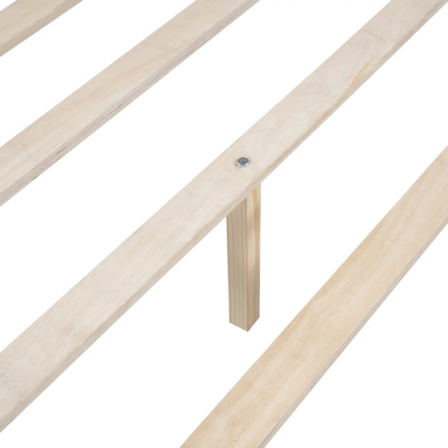 Queen size bed frame slats in natural pine with exposed hardware on Tampa Home & Garden Store