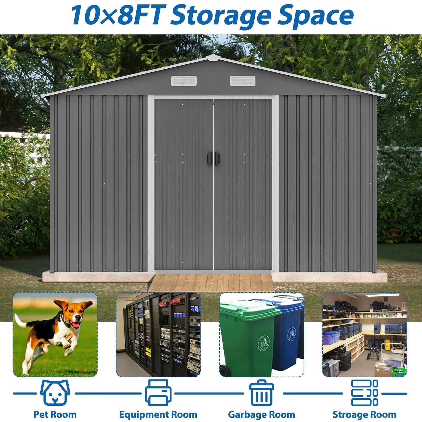 10X8 FT outdoor tool storage shed with metal foundation and lockable door, all-weather metal shed, gray - Tampa Home & Garden Store