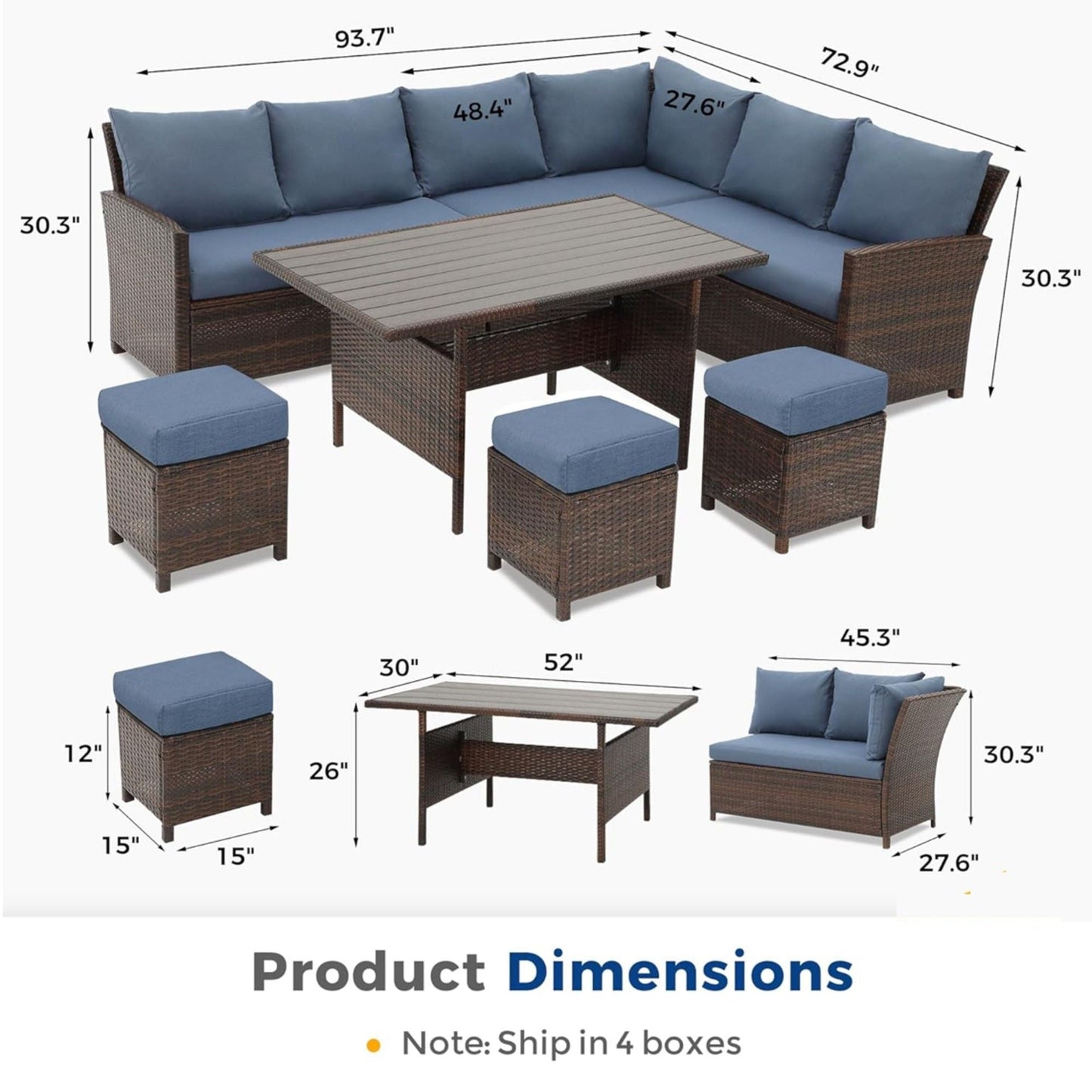 7 Piece Patio Dining Set with Cushions in brown wicker with blue cushions and storage table on Tampa Home & Garden Store