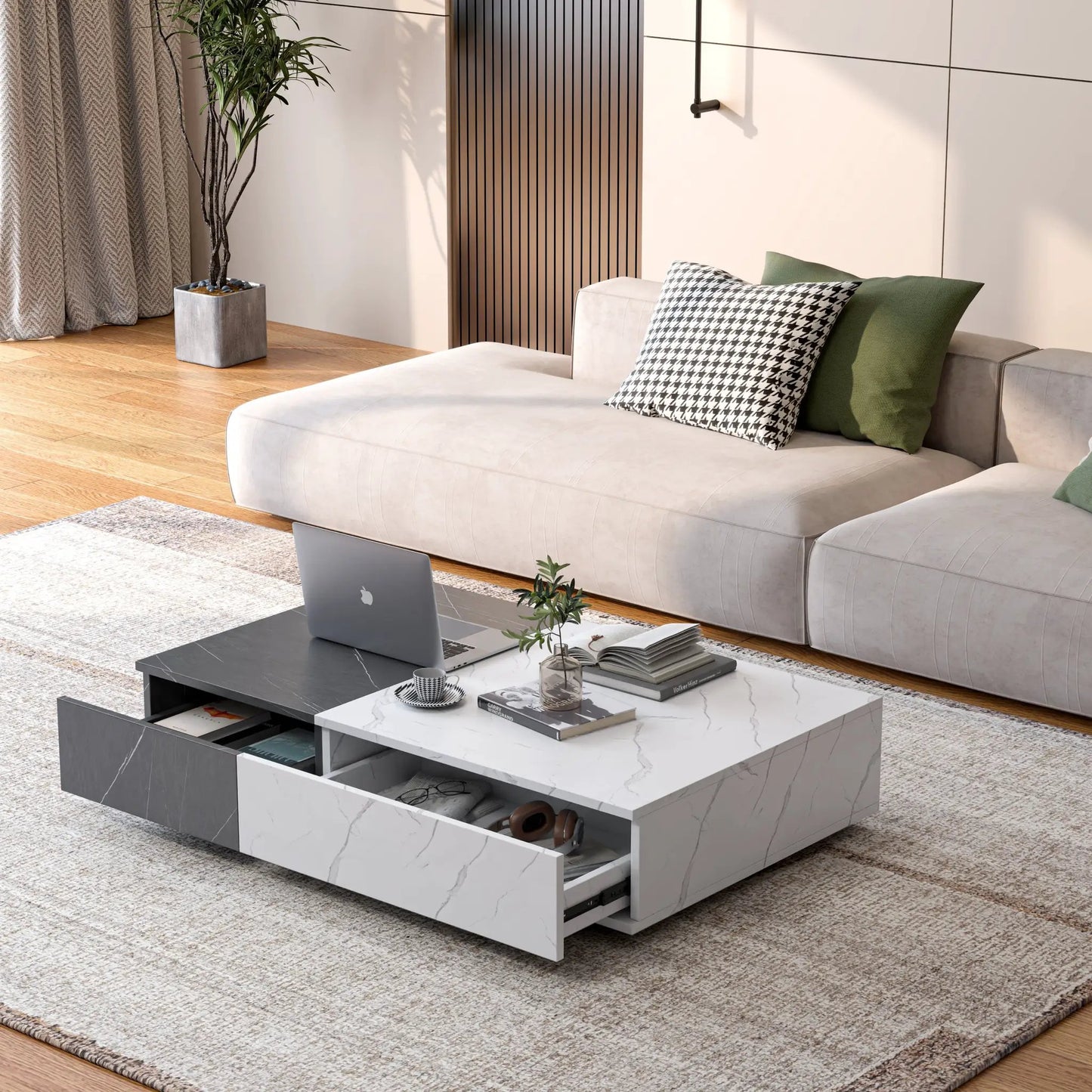 Black and White Coffee Table With Storage with marble top and dark drawers in modern living room on Tampa Home & Garden Store