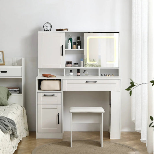 Vanity table with sliding lighted mirror in white finish and built-in shelves on Tampa Home & Garden Store