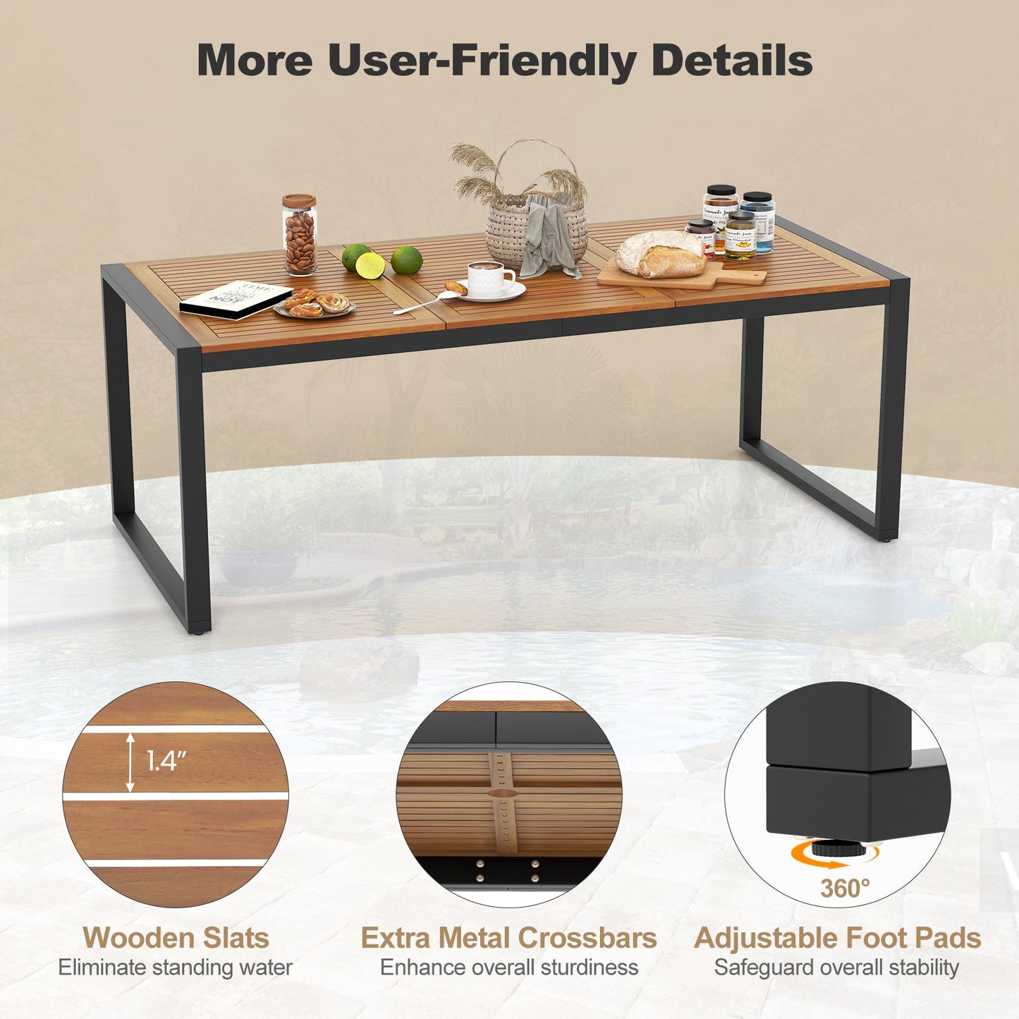 79 Inch Acacia Wood Patio Table with 1.9 Inch Umbrella Hole for Garden and Poolside - Tampa Home & Garden Store