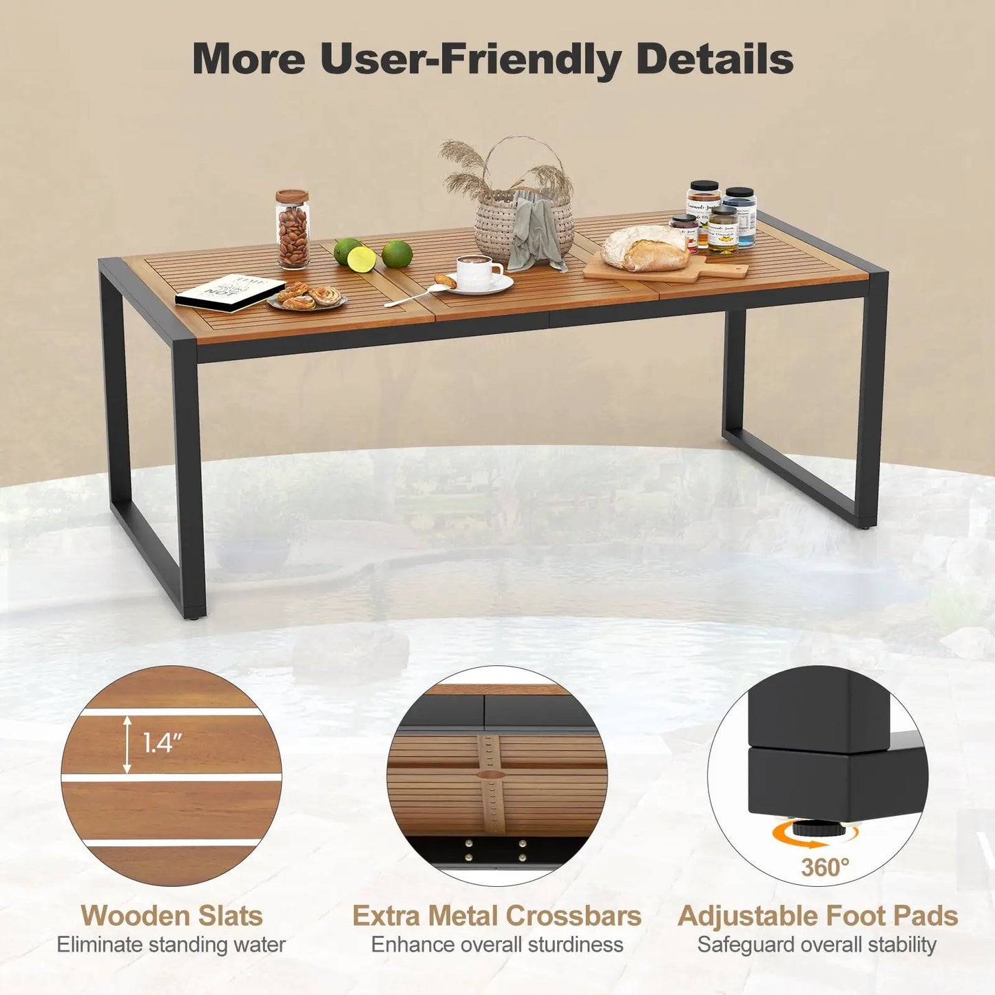 Acacia Wood Patio Table with a slatted top and dark metal frame for garden and poolside on Tampa Home & Garden Store