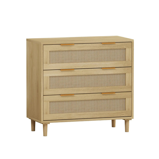 Oak 3-drawer rattan storage cabinet with woven panel fronts and orange handles on Tampa Home & Garden Store