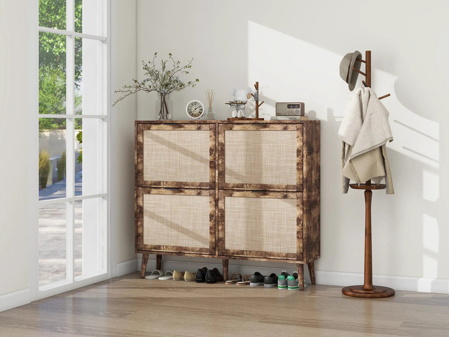 4-Door freestanding entryway shoe rack in rustic wood with woven cane doors on Tampa Home & Garden Store