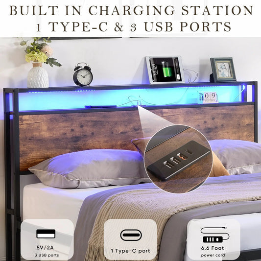 Queen Bed Frame With Storage Headboard Led Lights with blue LED strip lighting on headboard shelf on Tampa Home & Garden Store
