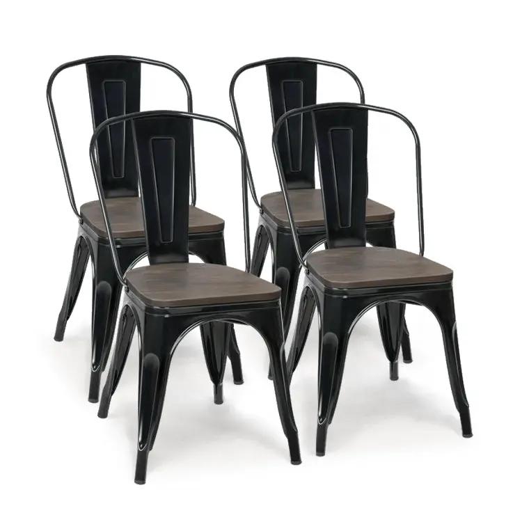 18-inch stackable metal wood dining chairs set of 4 with dark frames and brown seats on Tampa Home & Garden Store