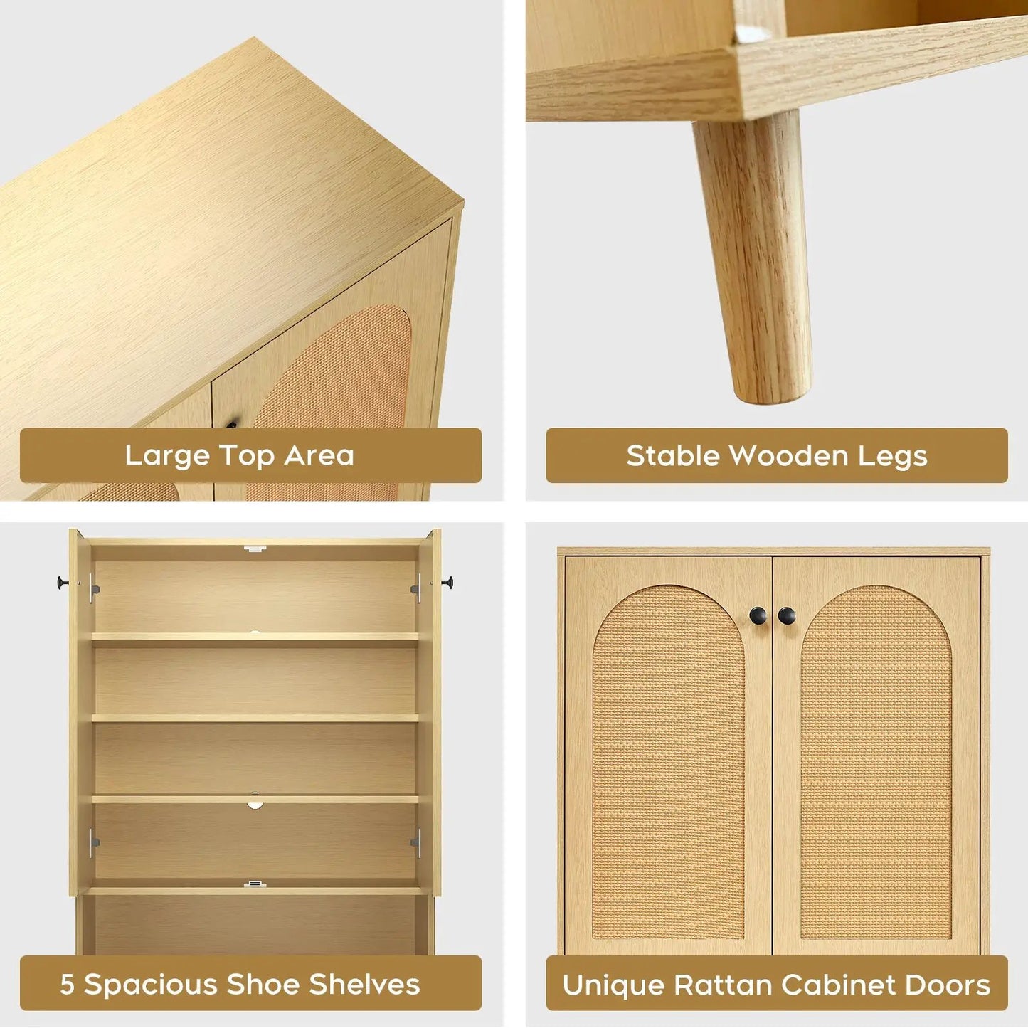 Shoe storage cabinet with adjustable shelves, wooden legs, and rattan front doors on Tampa Home & Garden Store