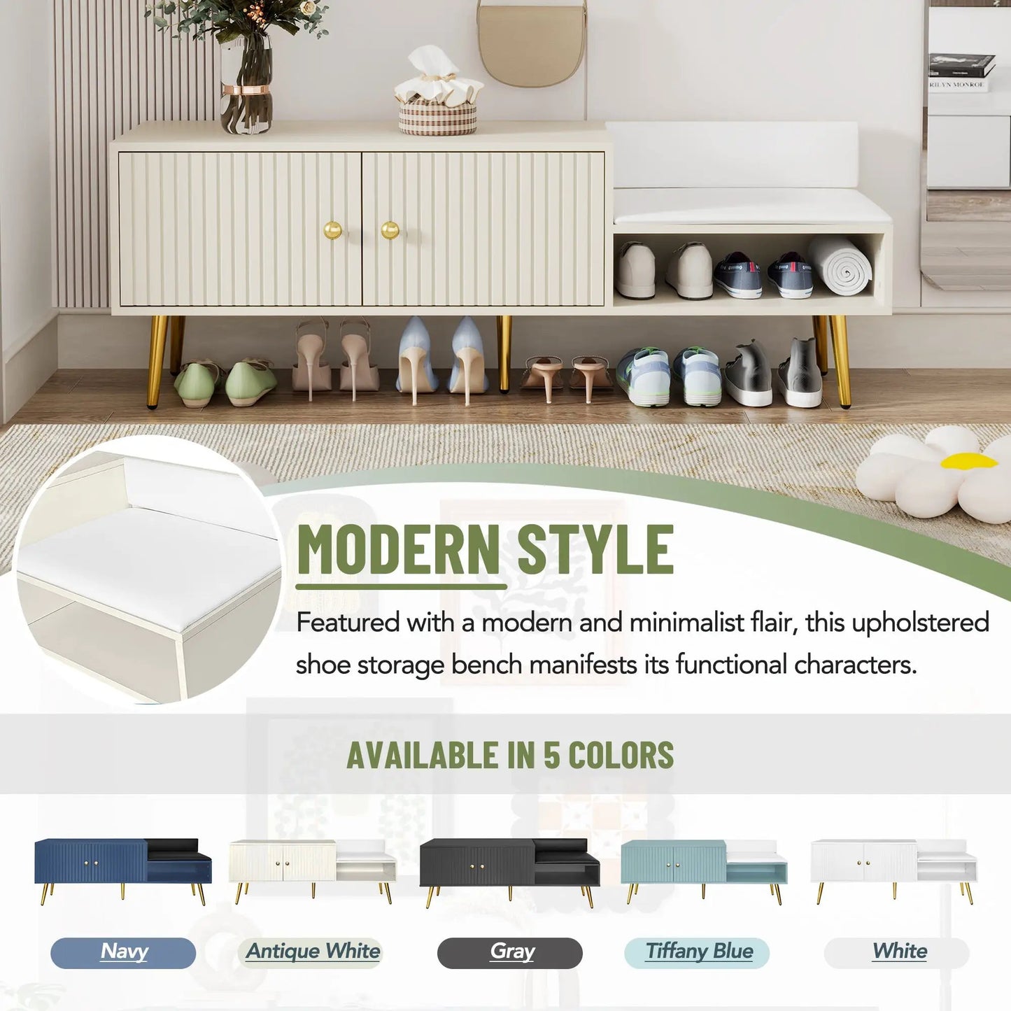 Modern shoe storage bench with hidden storage in antique white, ribbed doors, gold knobs on Tampa Home & Garden Store