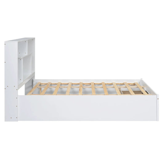 Queen platform bed with storage headboard in white with cubby shelves and slatted base on Tampa Home & Garden Store