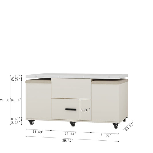 Modern lift coffee table, living room with 4 chairs, expandable 1 hidden storage space+2 drawers, folding dining table