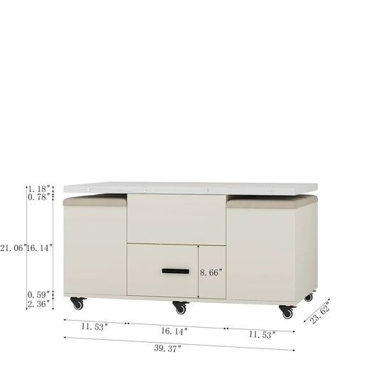 Modern lift-up expandable coffee table with four hidden stools in beige finish on casters on Tampa Home & Garden Store