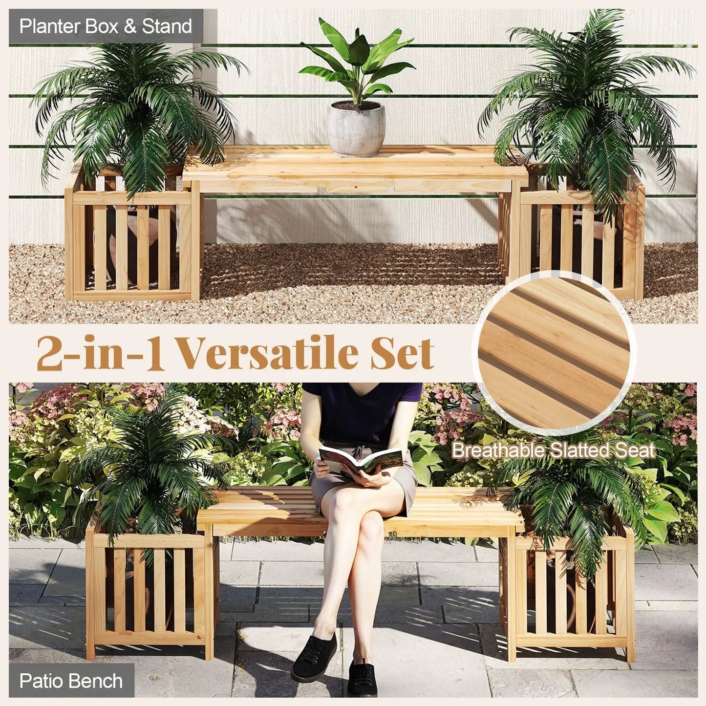 Patio wooden bench planter set in natural finish with side planter boxes for two on Tampa Home & Garden Store
