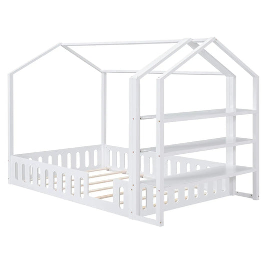Full Size Wood House Bed with Fence Shelves, white wooden cabin bed frame on Tampa Home & Garden Store