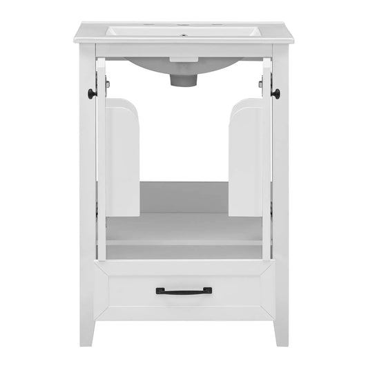 24-inch white bathroom vanity with sink, doors open, black hardware, VIP Digital Presence on Tampa Home & Garden Store