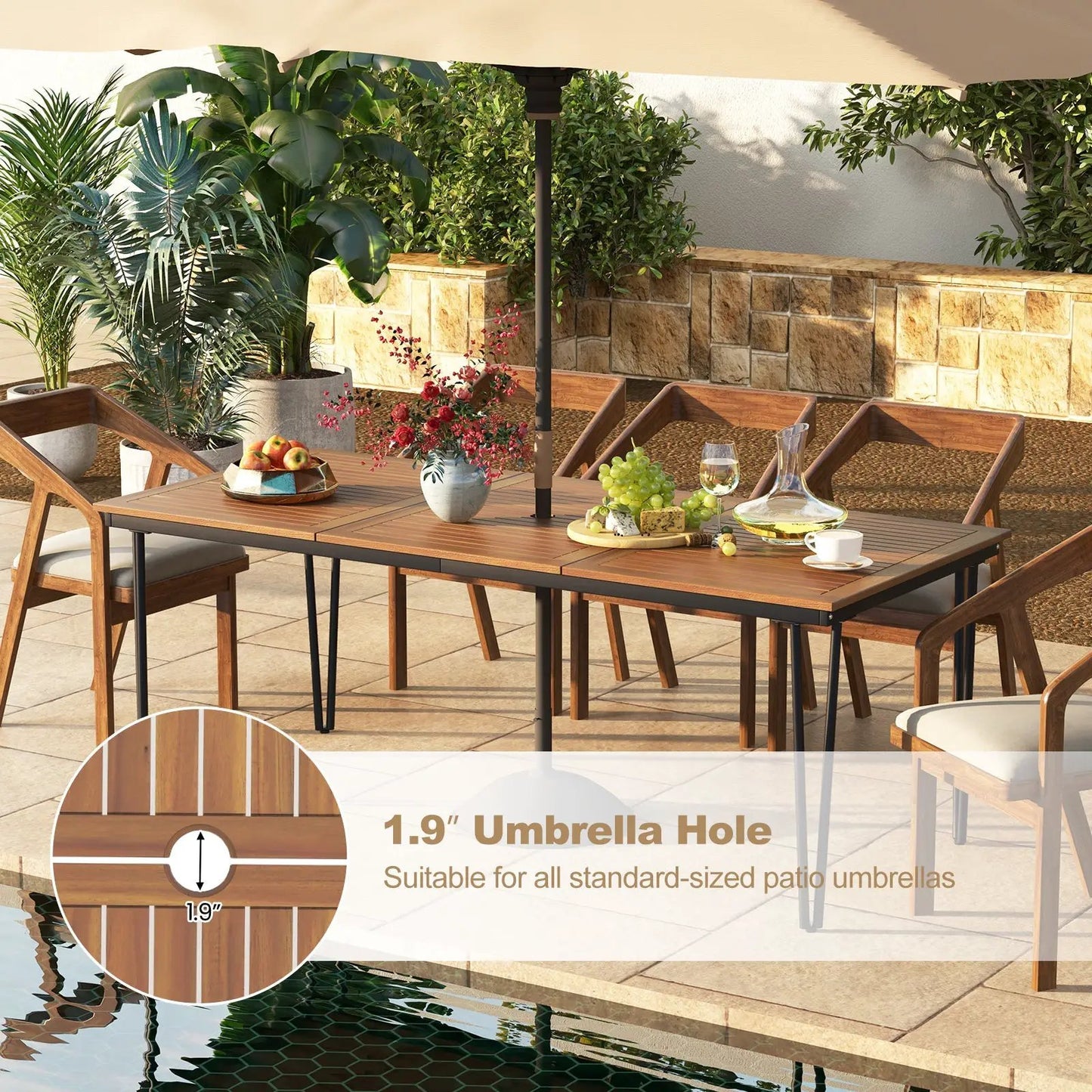 Outdoor dining table for 8 with umbrella hole, brown wood top and black legs by DirectDeals on Tampa Home & Garden Store