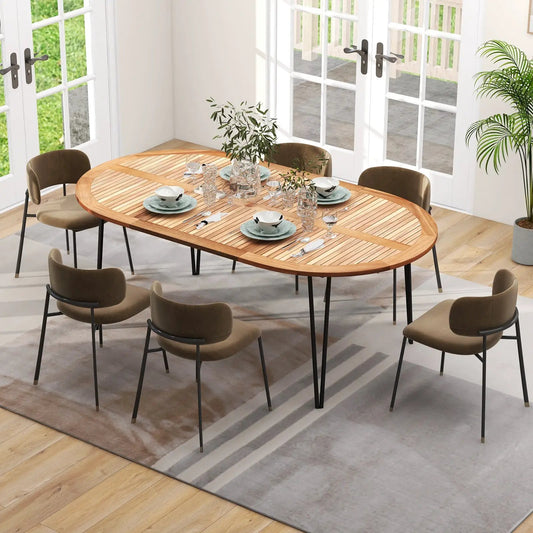 Oval patio dining table for 8 with acacia top and umbrella hole, brown chairs on Tampa Home & Garden Store