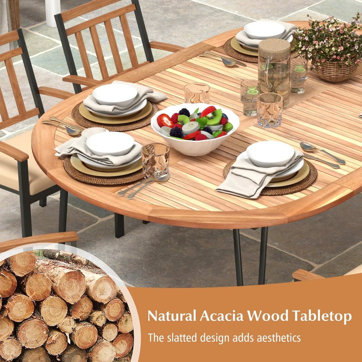 Oval patio dining table with natural acacia wood slatted top for 8 people on Tampa Home & Garden Store