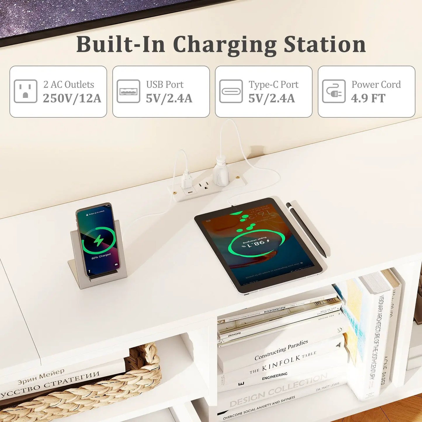 White 79-Inch TV Stand with built-in charging station and USB-C/USB ports DirectDeals on Tampa Home & Garden Store