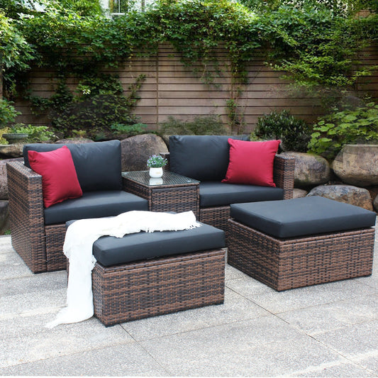 5 Pieces Outdoor Patio Garden Brown Wicker Sectional Conversation Sofa Set - Tampa Home & Garden Store