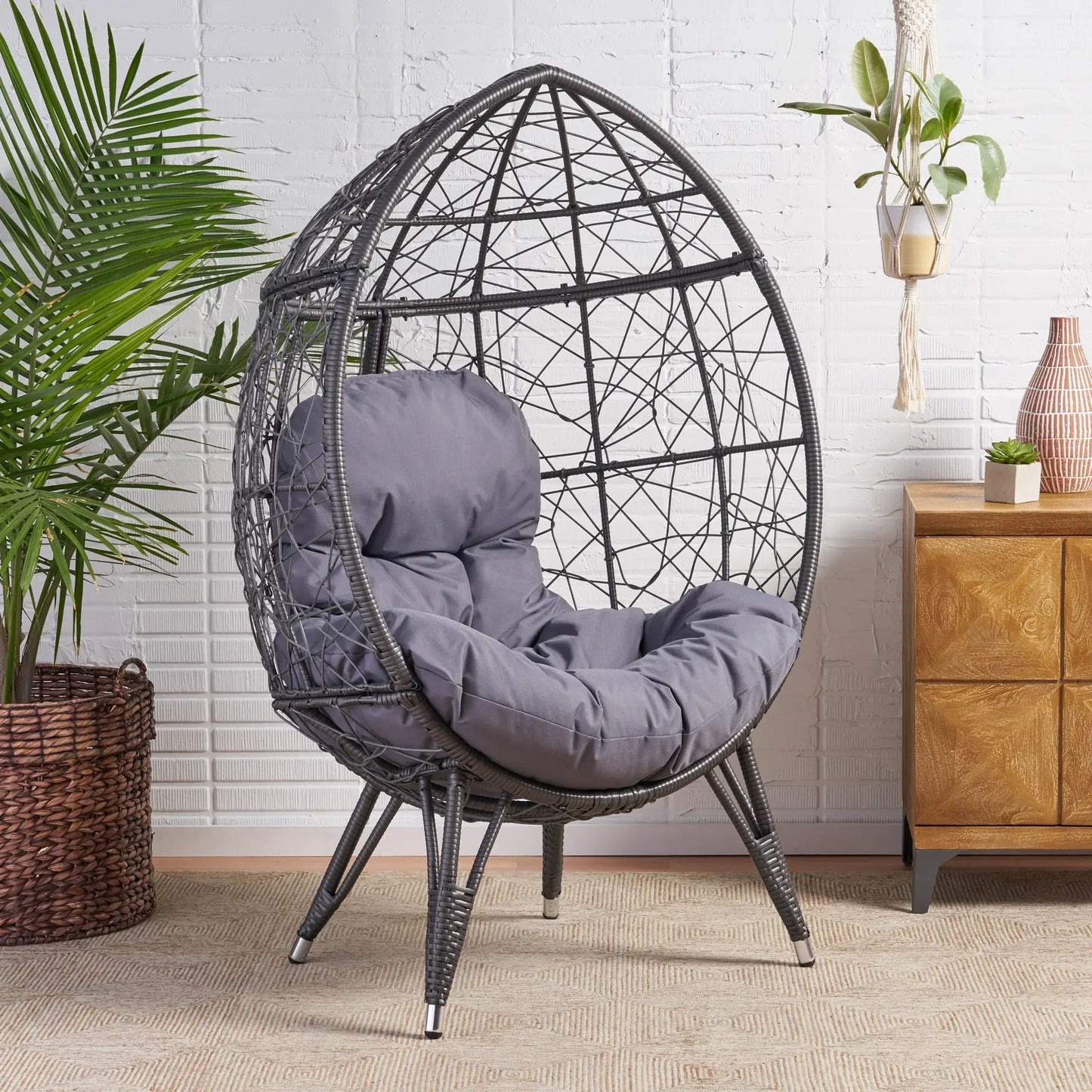 Gianni Teardrop Chair Gray Rattan with gray cushion indoor swing chair on Tampa Home & Garden Store