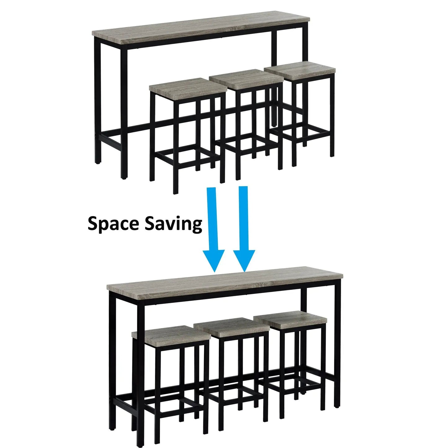 Juego de mesa de comedor extralarga TOPMAX Counter Height con 3 taburetes, juego de pub para cocina, mesa auxiliar con reposapiés, gris