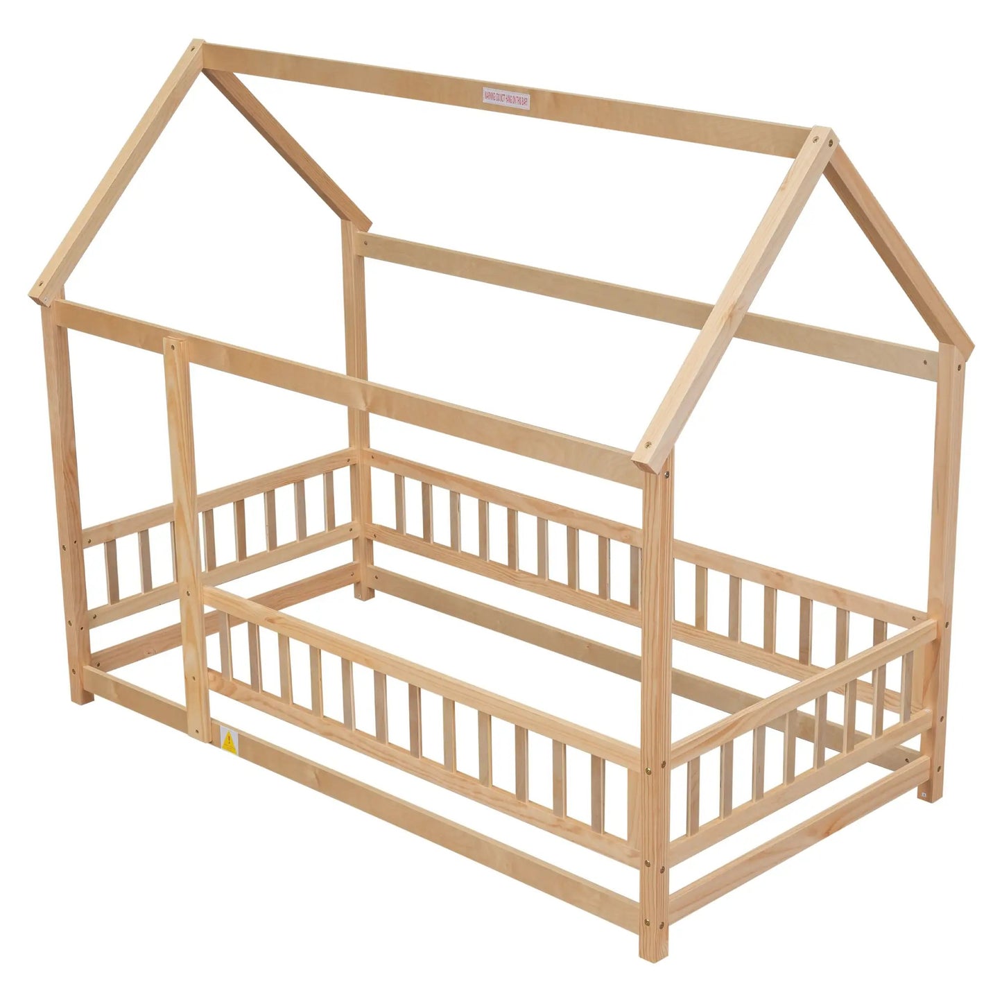 Cama de suelo de madera individual con estructura de techo de casa, barandillas de valla