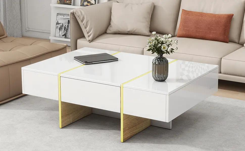 ON-TRANS mesa de centro rectangular multifuncional de 47.2 pulgadas x 31.4 pulgadas con 2 cajones y patas de madera veteada dorada, blanco