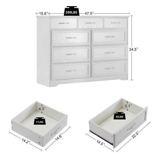 White 9-drawer dresser for kids room with silver handles and subtle wood grain finish on Tampa Home & Garden Store