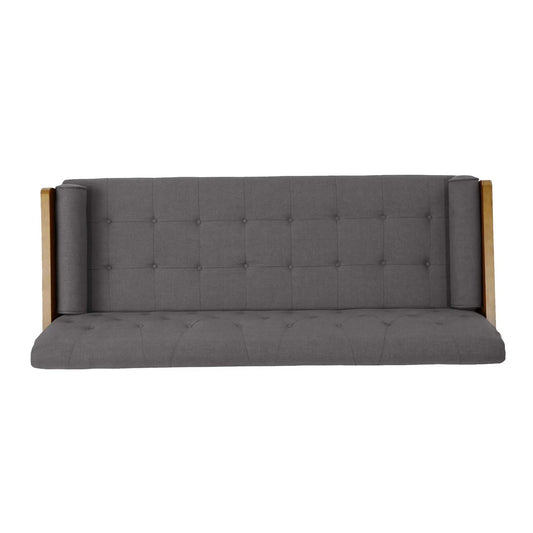 Aidan mid century tufted fabric sofa in gray with wooden arms on Tampa Home & Garden Store