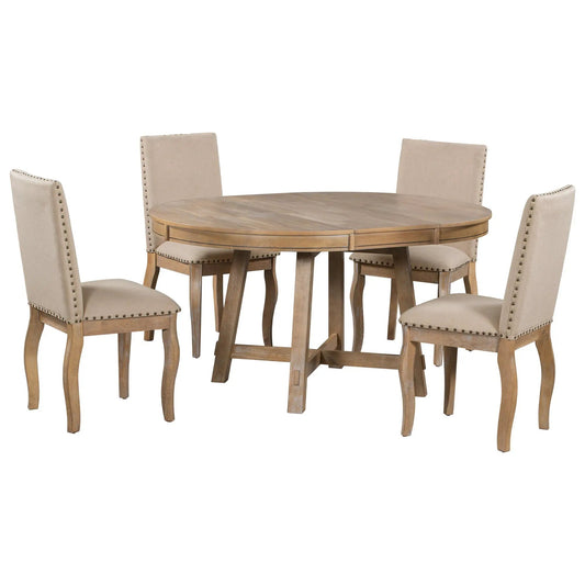 TREXM farmhouse round extendable dining table with 4 beige chairs, nailhead trim on Tampa Home & Garden Store