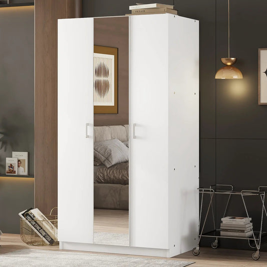 3-door white wardrobe with wood-accent center panel, hinged doors on Tampa Home & Garden Store