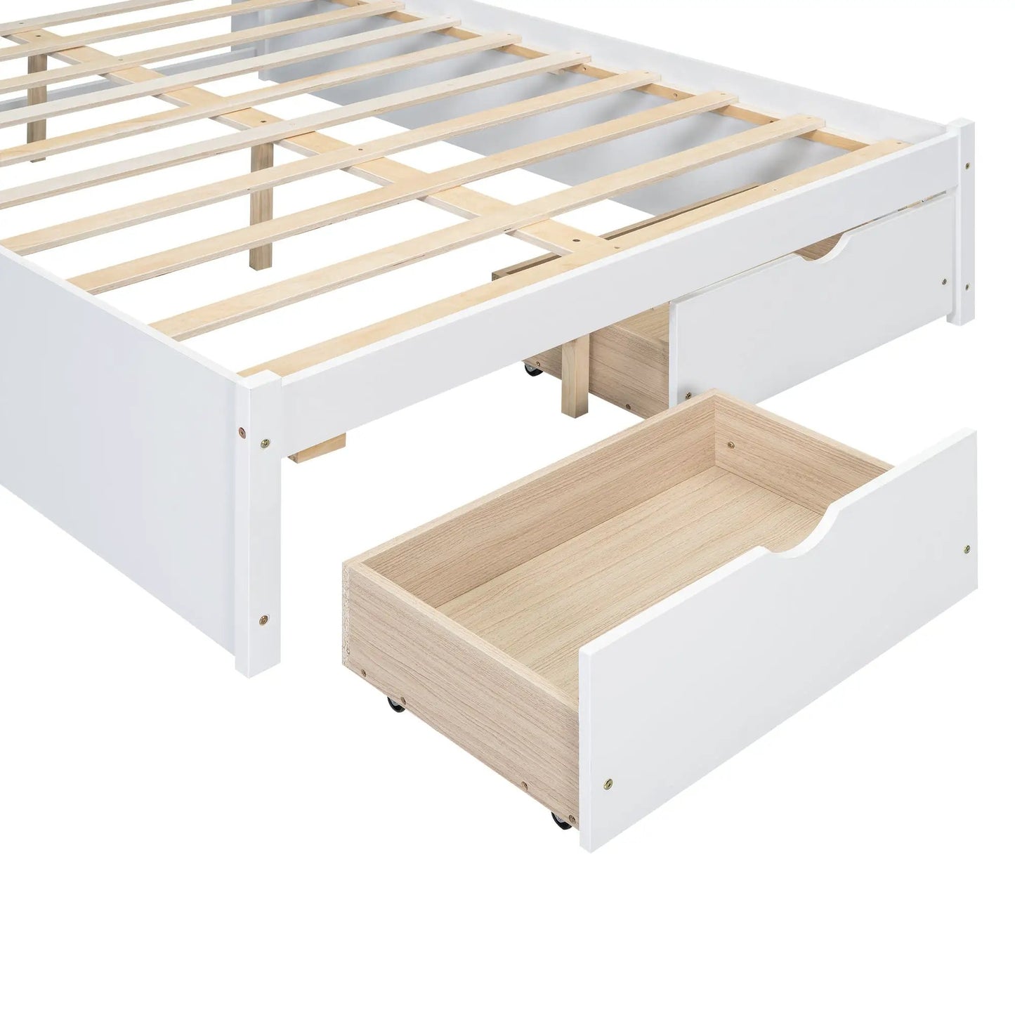 Full size white platform bed with storage drawers and wood slat frame on Tampa Home & Garden Store