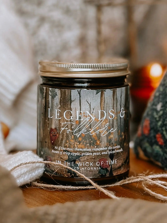Legends & Folklore Candle Apple Spice Musk by In the Wick of Time with wood label and metal lid on Tampa Home & Garden Store