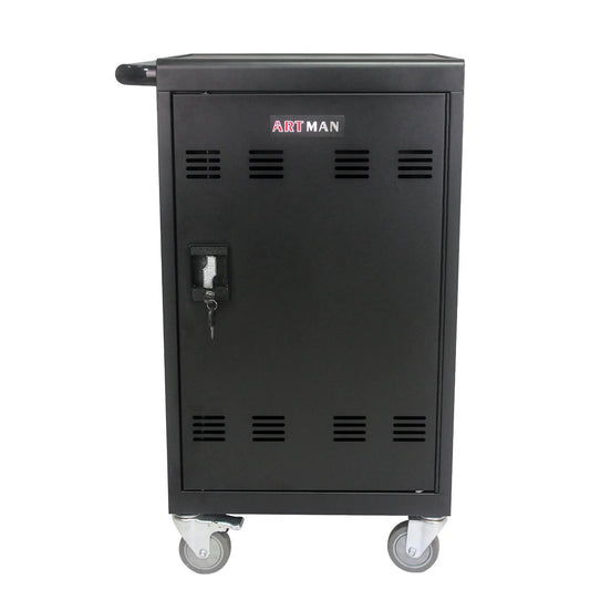 Mobile charging cart for tablets and laptops, black cabinet with vent slots and lock, ARTMAN on Tampa Home & Garden Store