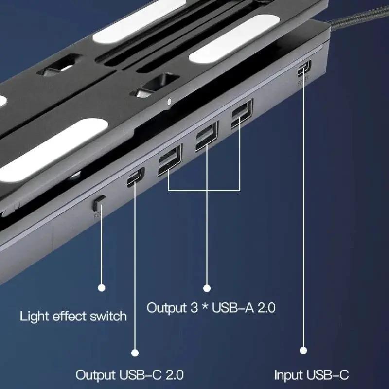 Soporte para portátil RGB ajustable de 6 alturas con disipación de calor, concentrador USB tipo C, soporte ergonómico para MacBook, tablet y teléfono