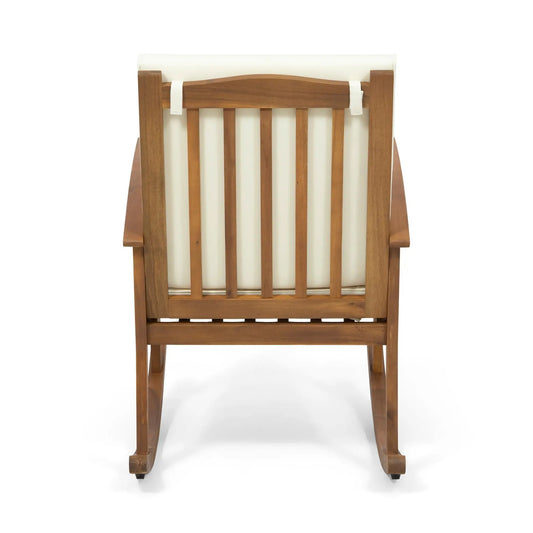 Casa Acacia Wood Rocking Chair with white cushion for patio on Tampa Home & Garden Store