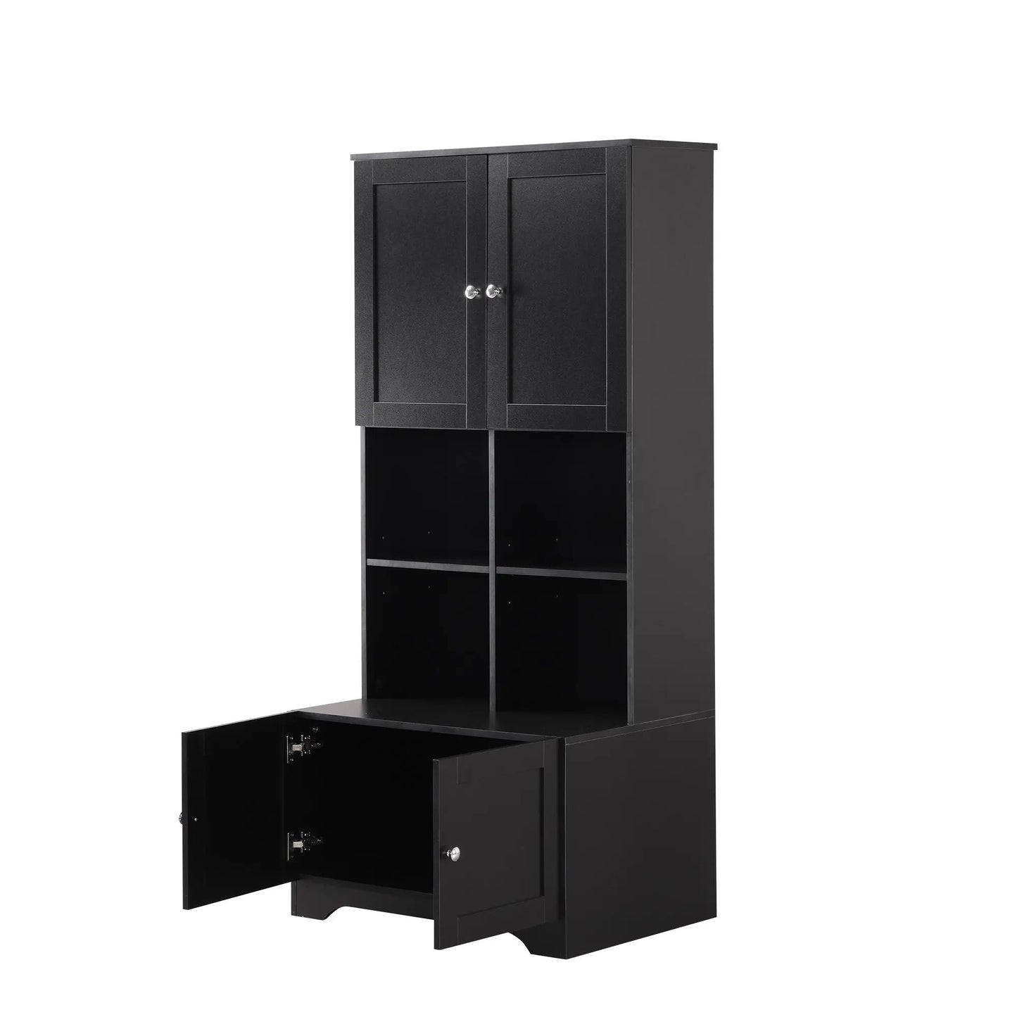 Black bathroom floor cabinet with 4 doors, chrome knobs, open lower shelf on Tampa Home & Garden Store