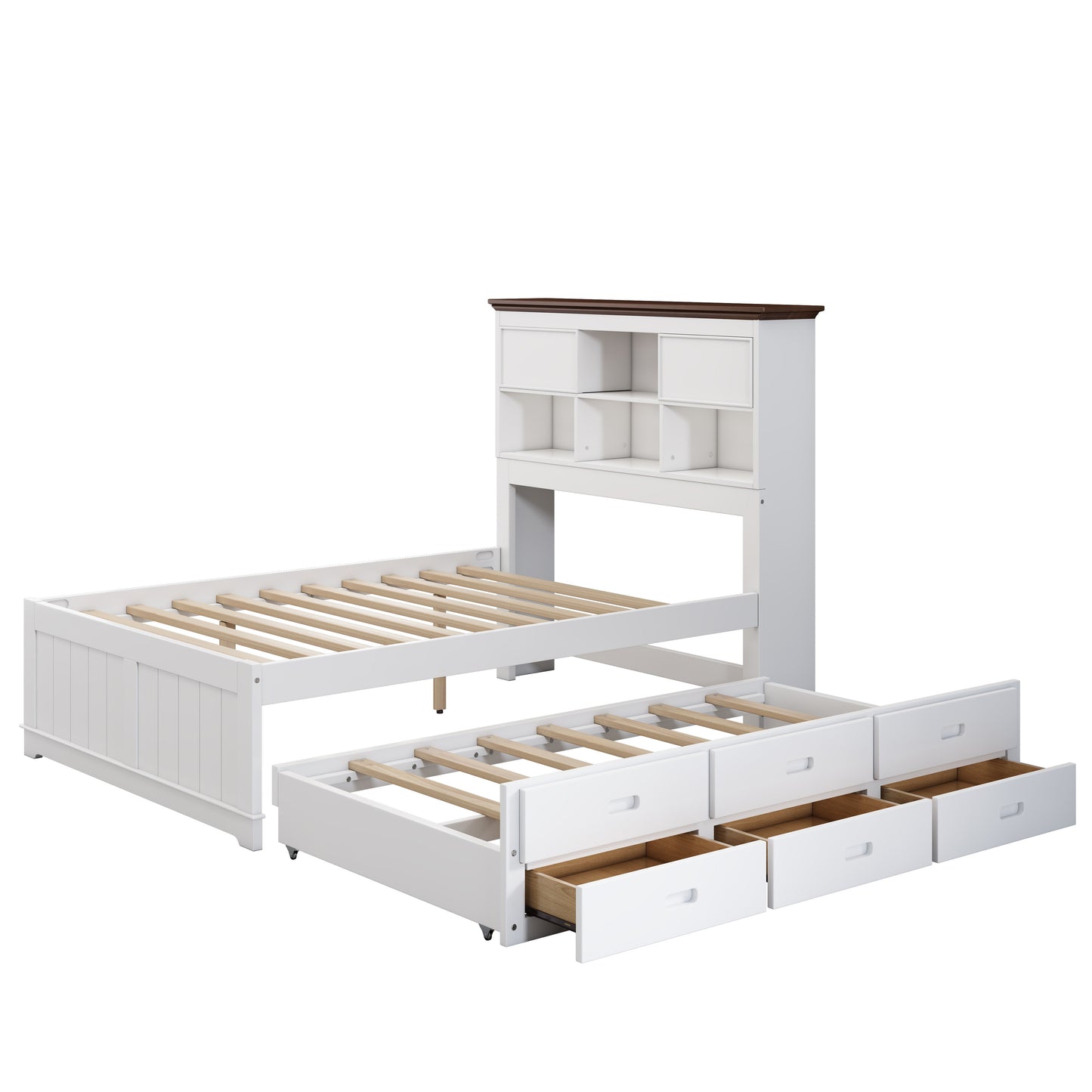 Solid Pine Captain Bookcase Bed with Trundle Bed and 3 Spacious Under Bed Drawers in Casual,Full, White+Walnut - Tampa Home & Garden Store