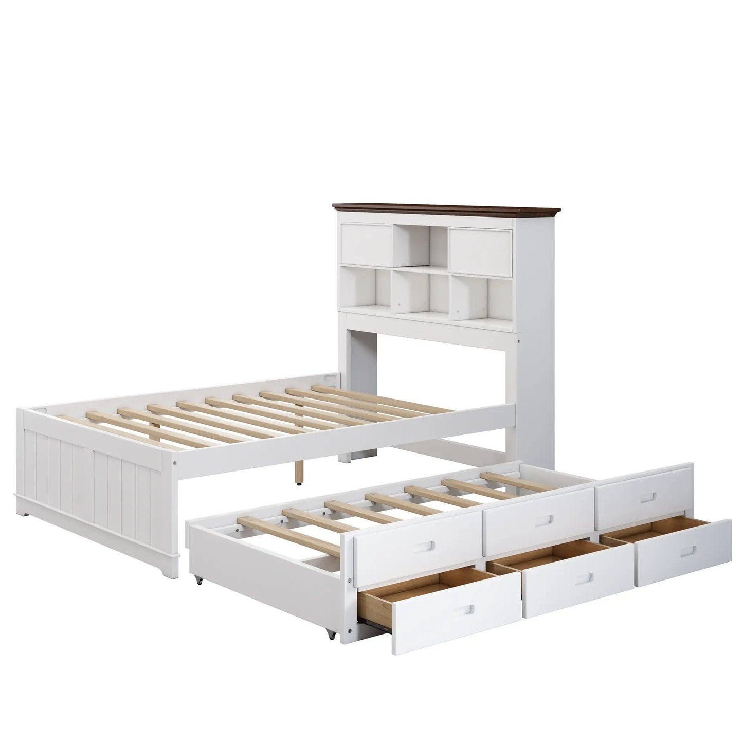 Solid pine captain bookcase bed with trundle in white and brown wood top on Tampa Home & Garden Store